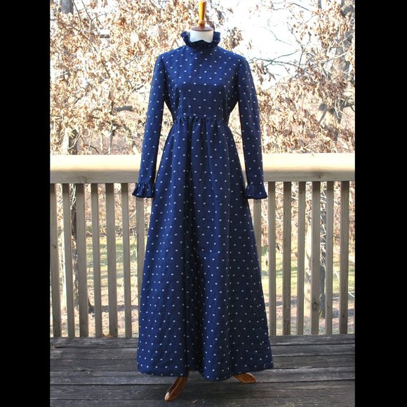Vintage Saks Fifth Avenue Blue Long Sleeve Maxi Dress Park Avenue Room - Picture 1 of 16